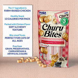 INABA Churu Bites for Cats, Grain-Free, Soft/Chewy Baked Chicken Wrapped Cat Treats with Savory Churu Centers, 0.35 Ounces Each Tube