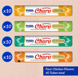 INABA Churu Cat Treats, Grain-Free, Lickable, Squeezable Creamy Purée Cat Treat/Topper with Vitamin E & Taurine, 0.5 Ounces Each Tube, 40 Tubes, Chicken Variety Box