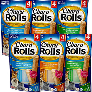 INABA Churu Rolls for Cats, Grain-Free, Soft/Chewy Baked Chicken Wrapped Churu Filled Cat Treats, 0.35 Ounces Each Stick