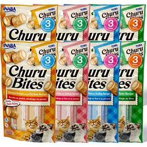 INABA Churu Bites for Cats, Grain-Free, Soft/Chewy Baked Chicken Wrapped Cat Treats with Savory Churu Centers, 0.35 Ounces Each Tube