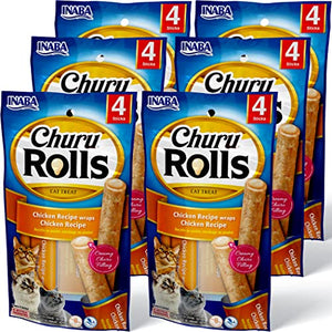 INABA Churu Rolls for Cats, Grain-Free, Soft/Chewy Baked Chicken Wrapped Churu Filled Cat Treats, 0.35 Ounces Each Stick
